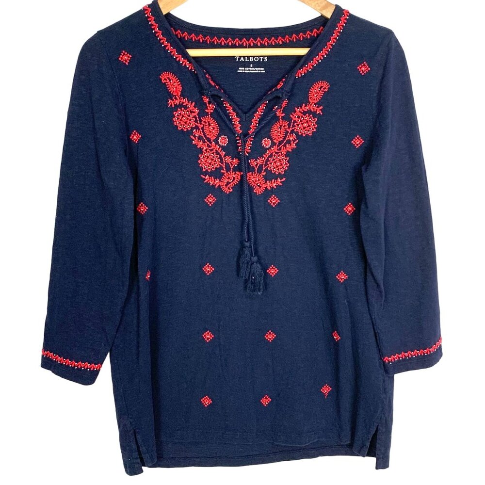 Talbots Boho Blouse Peasant Embroidered Cotton Long Sleeve Navy Red Size Small